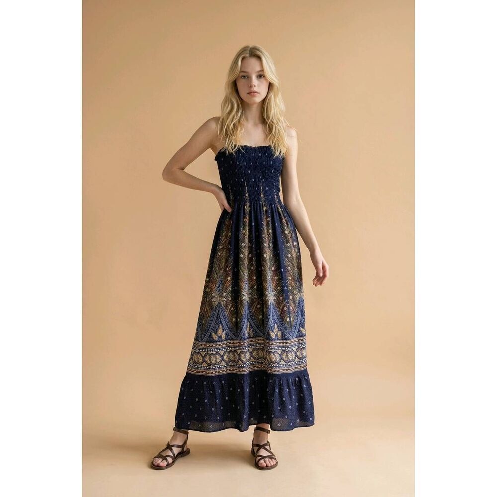 💛One Size Plus Blue Floral Print Sleeveless Maxi Dress One Size